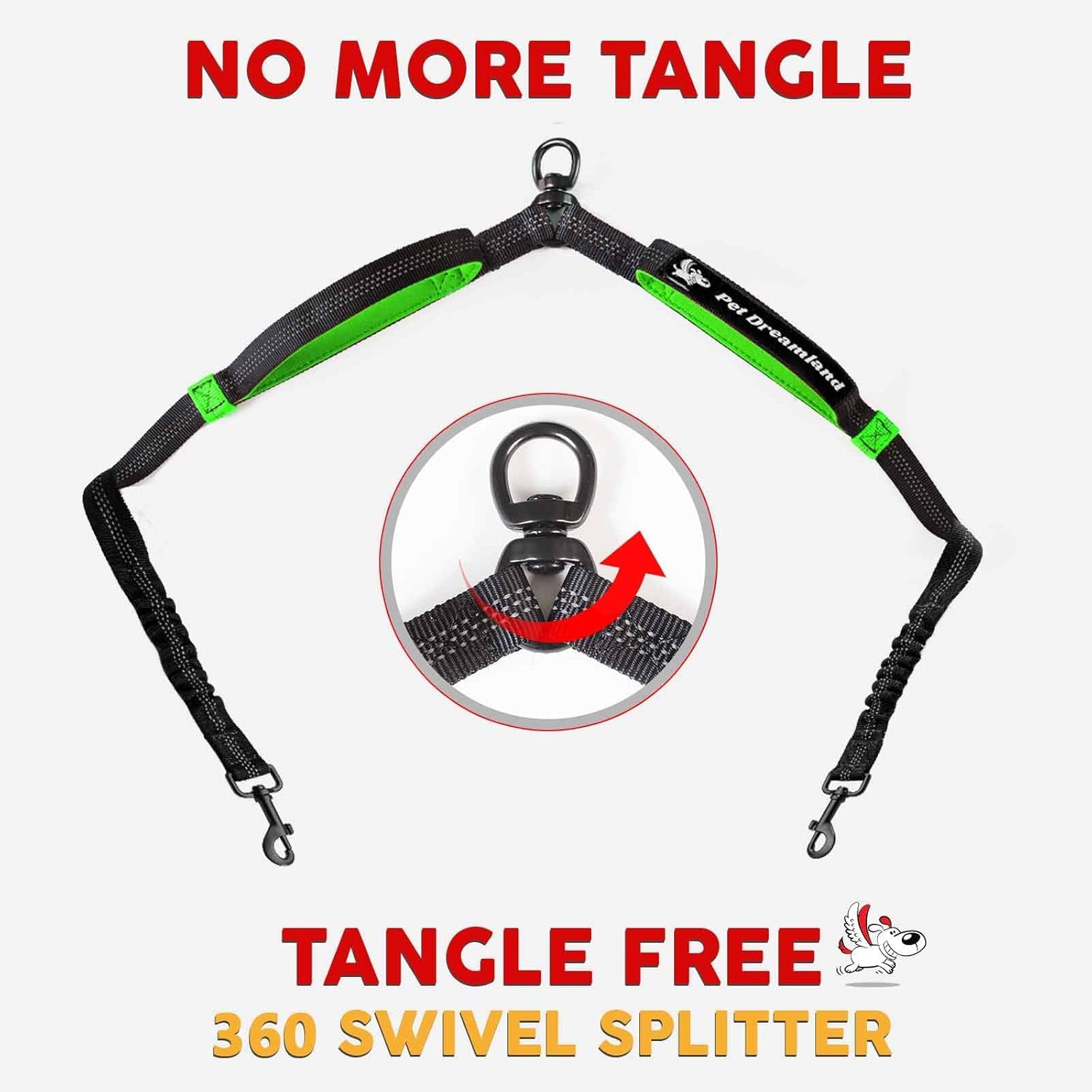 Exquisite Double Dog Coupler No Tangle Swivel for Two Medium Dogs. Premium Quality Attachment for Easy Dog Walking. You Will Absolutely Love This Amazing Gear (Black & Green)