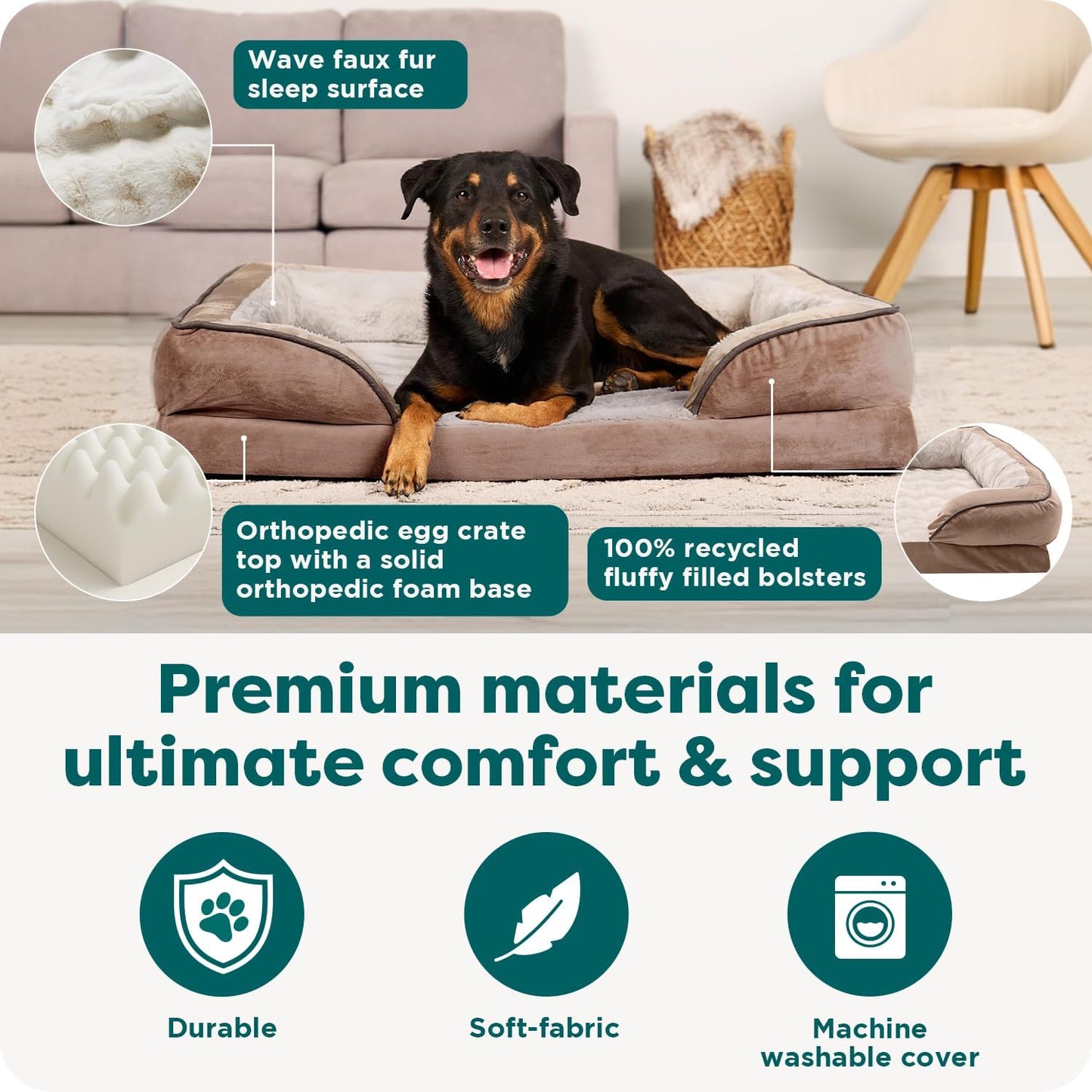 Orthopedic Dog Bed for Large/Medium Dogs W/ Removable Bolsters & Washable Cover, for Dogs up to 55 Lbs - Plush & Velvet Waves Perfect Comfort Sofa - Brownstone, Large