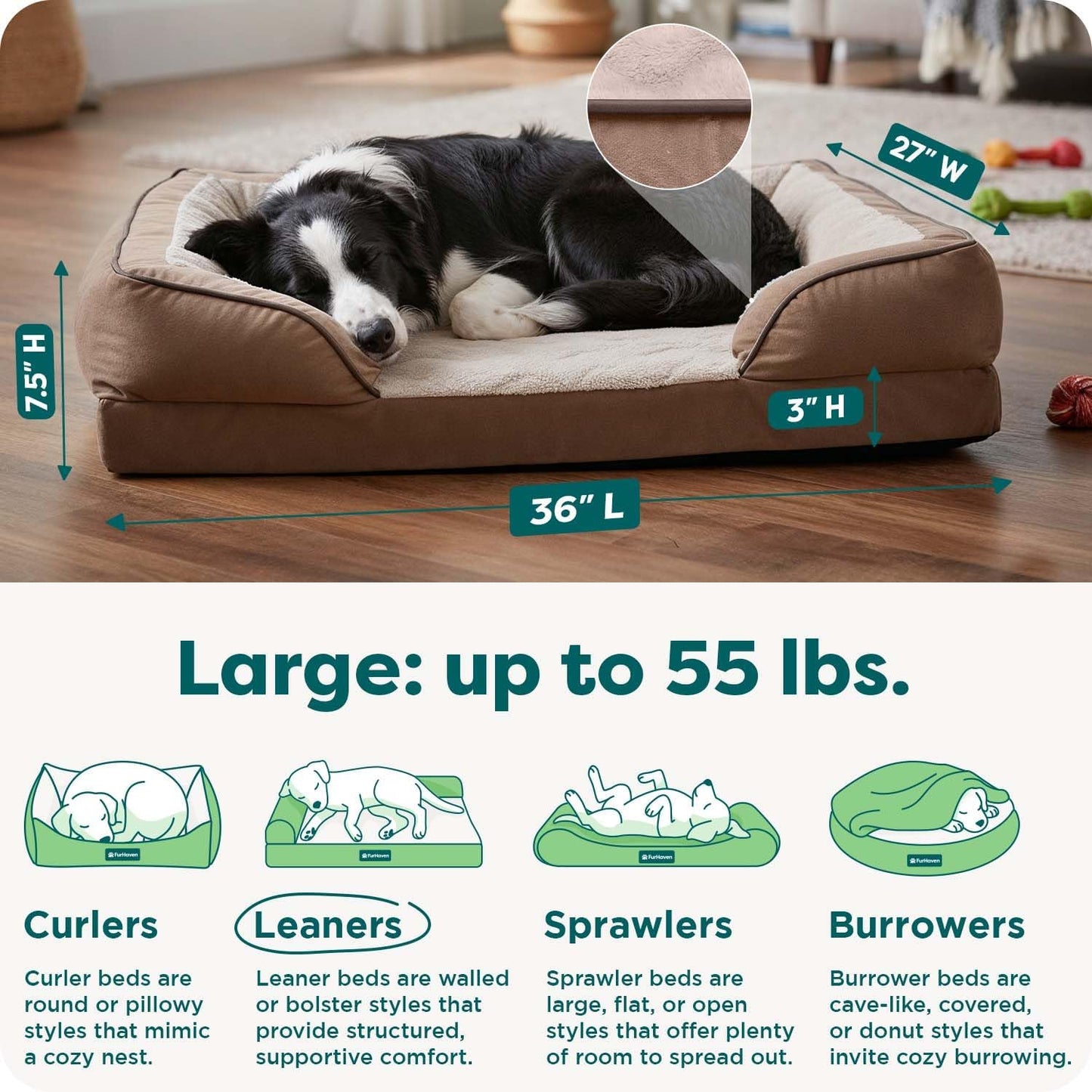 Orthopedic Dog Bed for Large/Medium Dogs W/ Removable Bolsters & Washable Cover, for Dogs up to 55 Lbs - Plush & Velvet Waves Perfect Comfort Sofa - Brownstone, Large