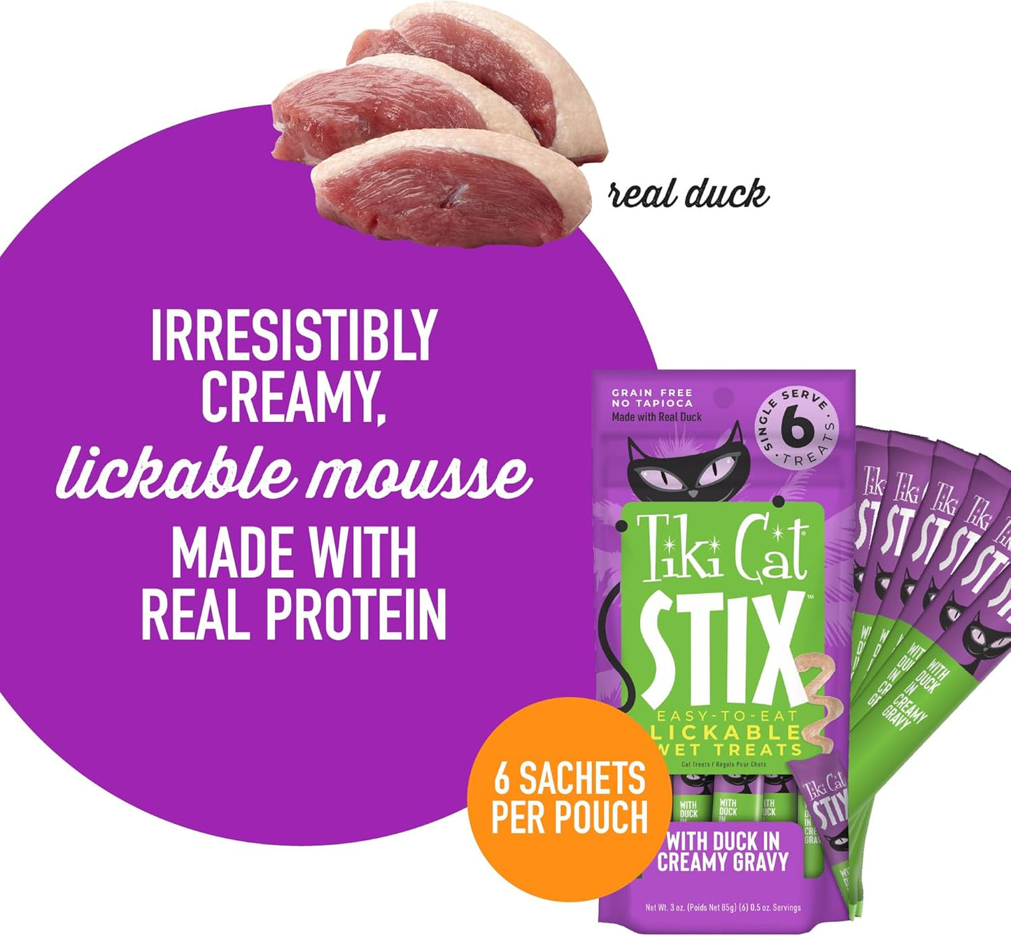 Tiki Cat Stix Mousse Treats, Single Serve Indulgent Lickable Treat or Dry Food Topper, with Duck in Creamy Gravy, 3 Oz. Pouch