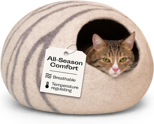 Cat Cave – Premium Felt Cat Bed for Indoor Cats, Handmade Merino Wool (Light Gray, Medium)