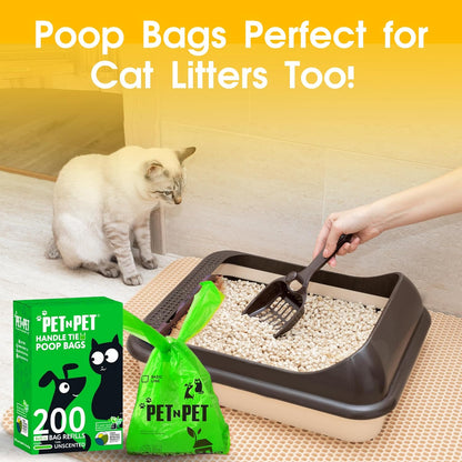 200 Counts Unscented Dog Poop Bags Rolls with Tie Handles, 41% Plant Based & 59% PE Poop Bags for Dogs, Extra-Thick Doggie Poo Bag, Pet Waste Bag