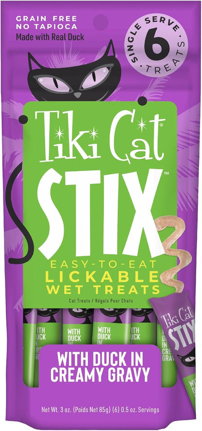 Tiki Cat Stix Mousse Treats, Single Serve Indulgent Lickable Treat or Dry Food Topper, with Duck in Creamy Gravy, 3 Oz. Pouch